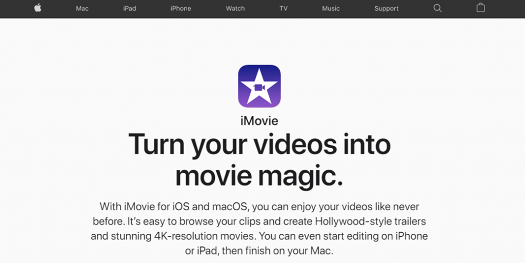 Apple iMovie homepage