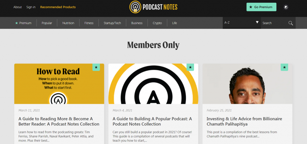 Podcast Notes Premium homepage