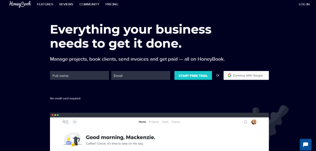 HoneyBook homepage