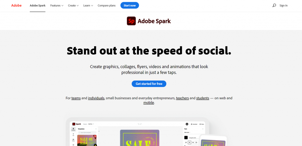 Adobe Spark homepage