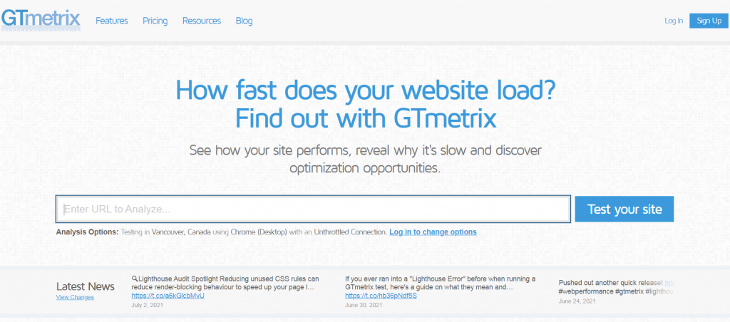 GTmetrix homepage