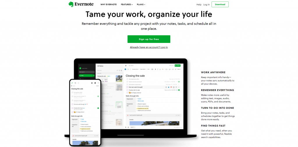 Evernote homepage