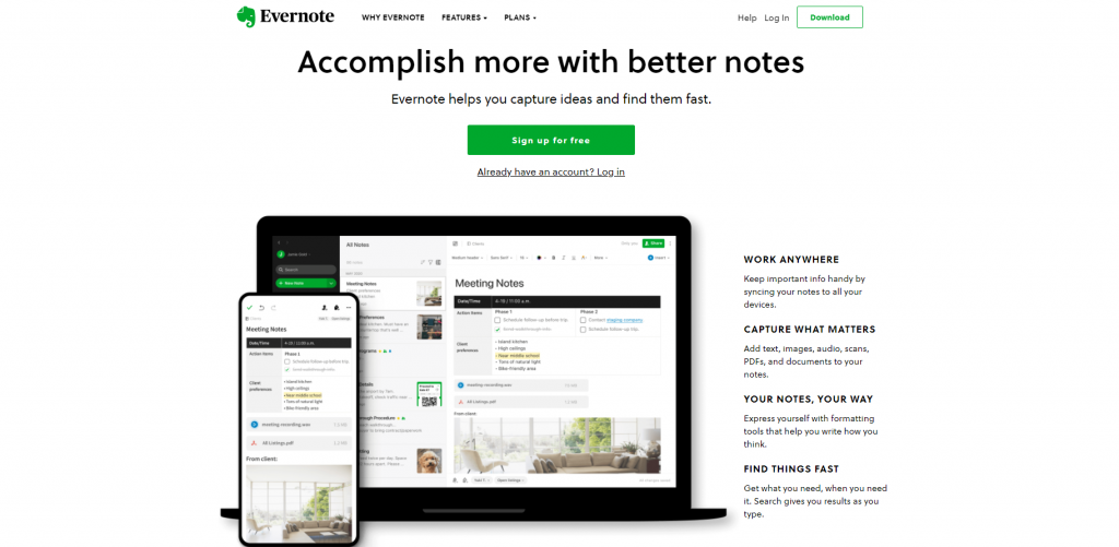 Evernote homepage