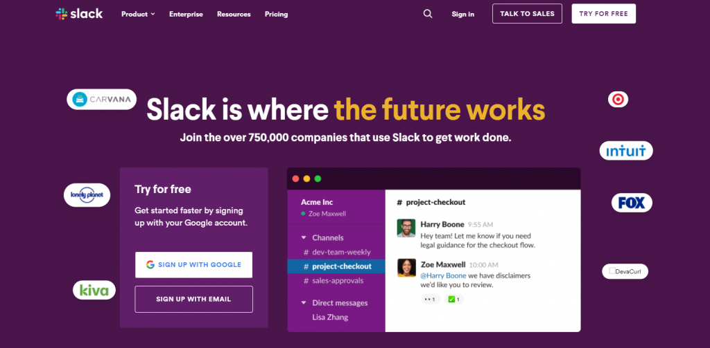 Slack homepage